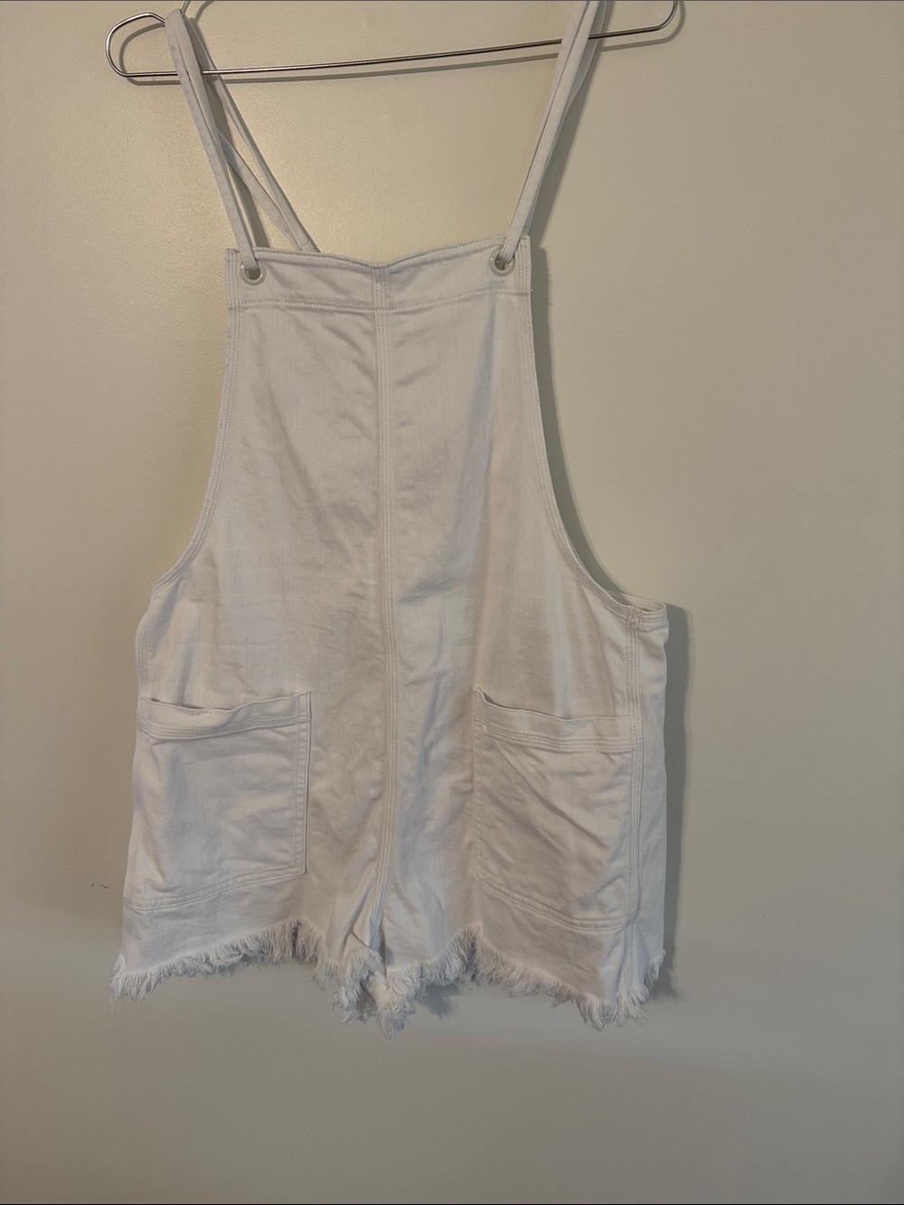aerie White Denim Short Overalls with Frayed Hem